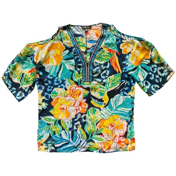 MELISSA PAIGE Top Women’s Blouse Sheer Floral Beaded Cold Shoulder Tunic Medium - Picture 10 of 12